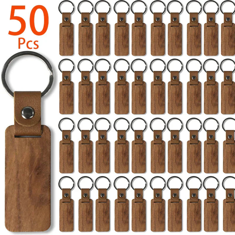 50Pcs Rectangular Wood Keychains Blank PU Leather Keyrings