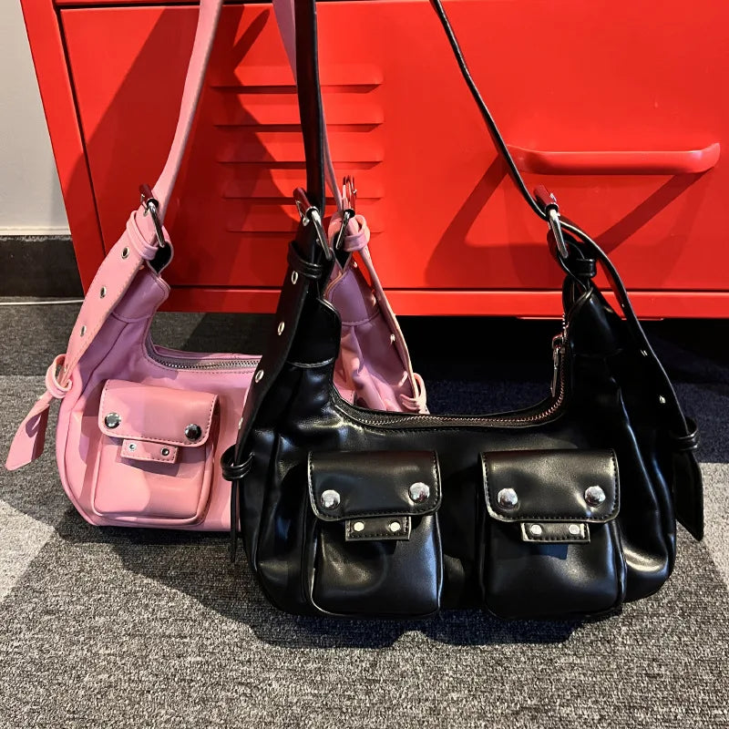 Y2k Pink Shoulder Bags For Women Black Wand Designer Luxury Leather Handbag Square Grunge Rock Tote Shopper Purses 2023 Trendy