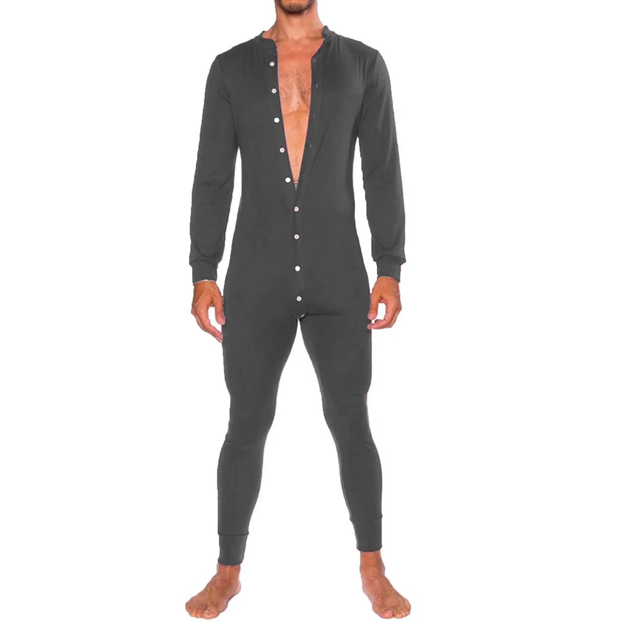 Mens Jumpsuit Romper Pajamas Casual Button Single-Breasted Bodysuit