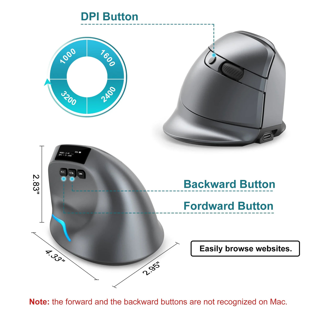 Lefon Bluetooth Vertical Mouse Wireless Ergonomic Mice with