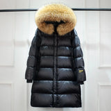 Janveny Large Real Raccoon Fur Hooded Shiny Waterproof