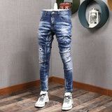 Fashion Streetwear Men Jeans Retro Black Blue Elastic