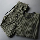 Summer Men Pleated Shirt Pants Two-pieces Set Thin