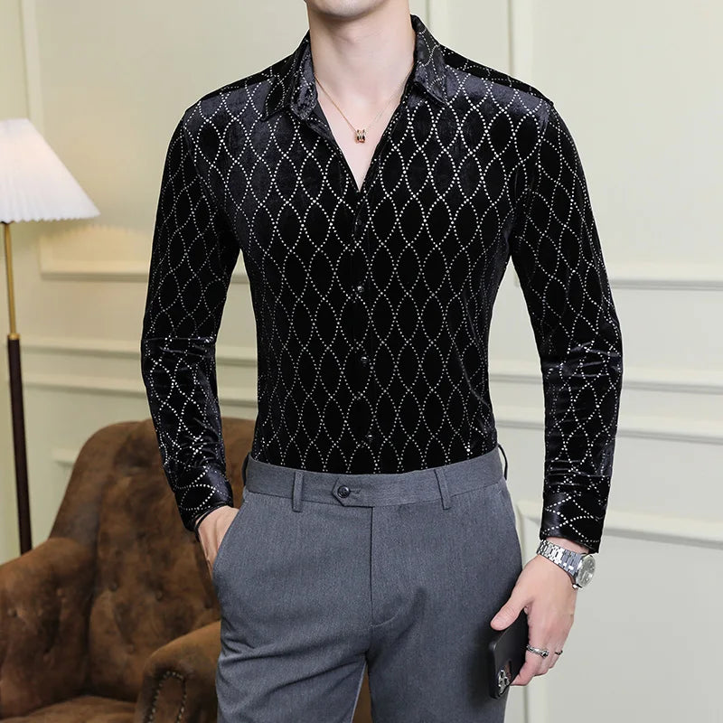 Men's Shirts Autumn Winter Luxury Velvet Social Shirt