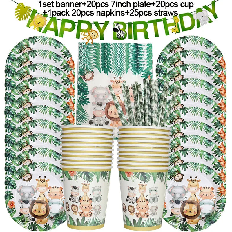 Jungle Birthday Party Decor Animal Palm Leaves Disposable