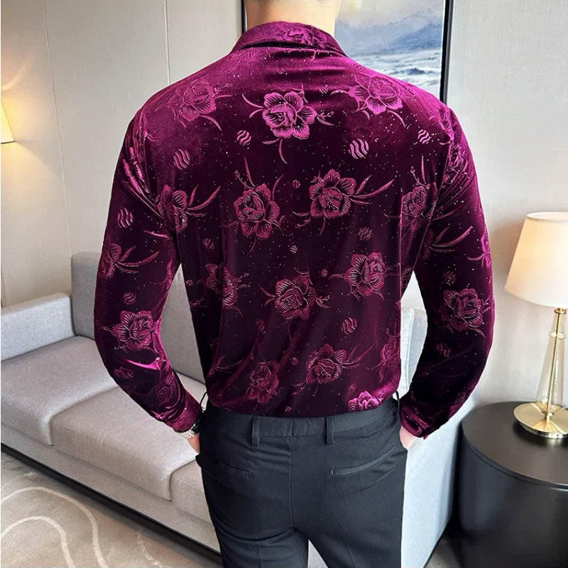 Men's Autumn Winter Velvet Flower Shirt New Luxury