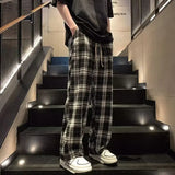 Men Checkered Casual Pants Loose Straight Corduroy Pants