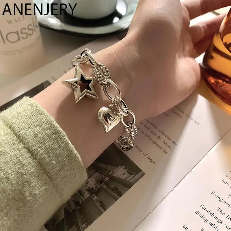 ANENJERY Silver Color Love Heart Star Bracelet for