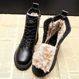 Black Leather Boot Ankle Booties Plush Warm Platform