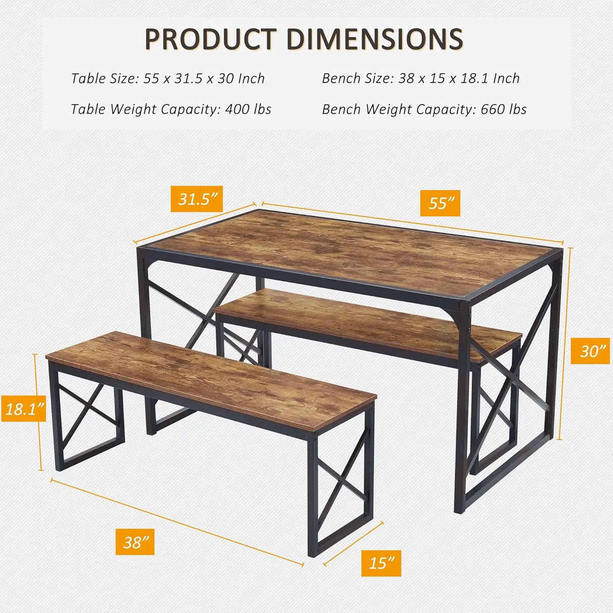 Kitchen Table with 2 Benches for 4-6,Wood Dining