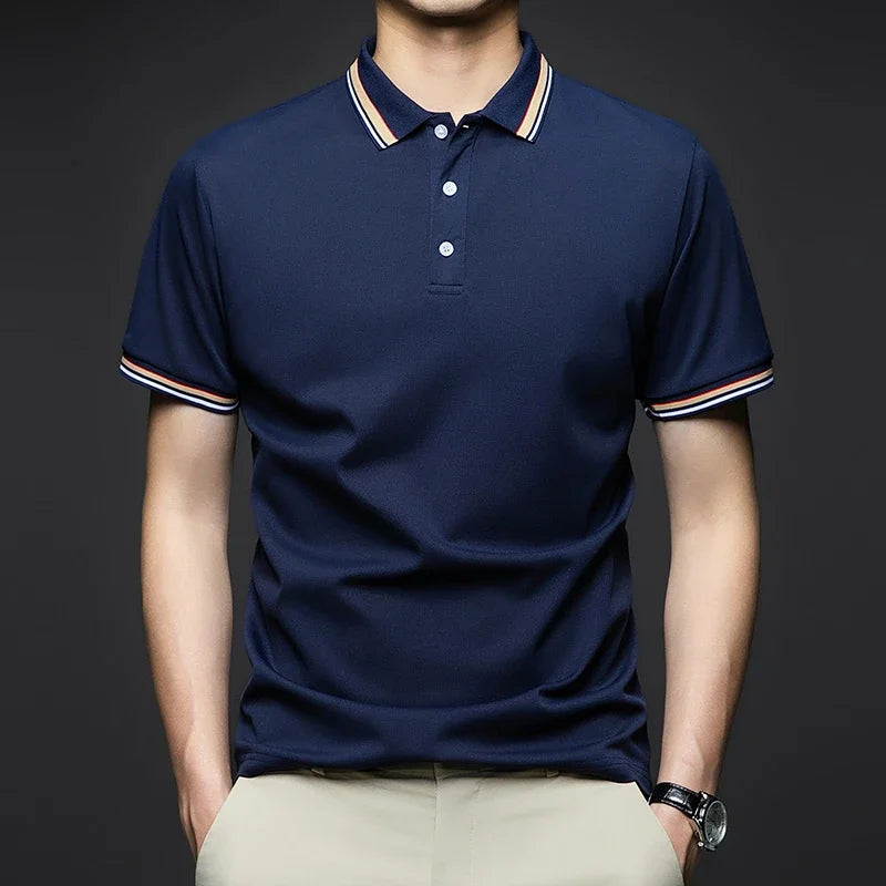 Men's Fashion Solid Short Sleeved Striped Lapel Polo