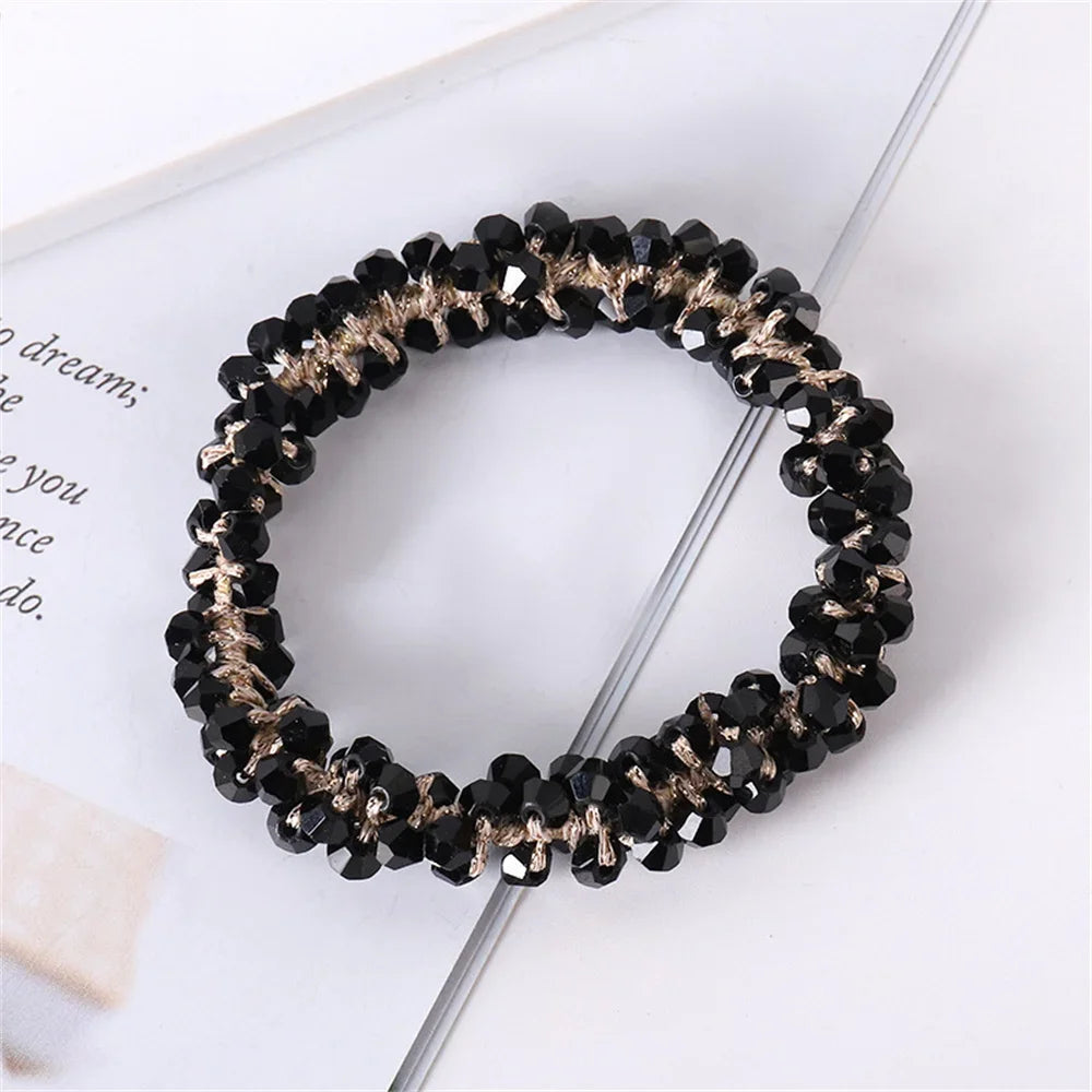 1pc Women Crystal Pearls Hair Rope Handmade Elastic