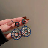 Long Retro Blue Flower Feather Tassel Dangle Earrings