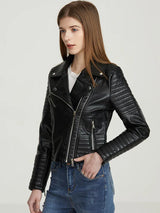 Faux Leather Jacket Women Turndown Collar Pu Motorcycle