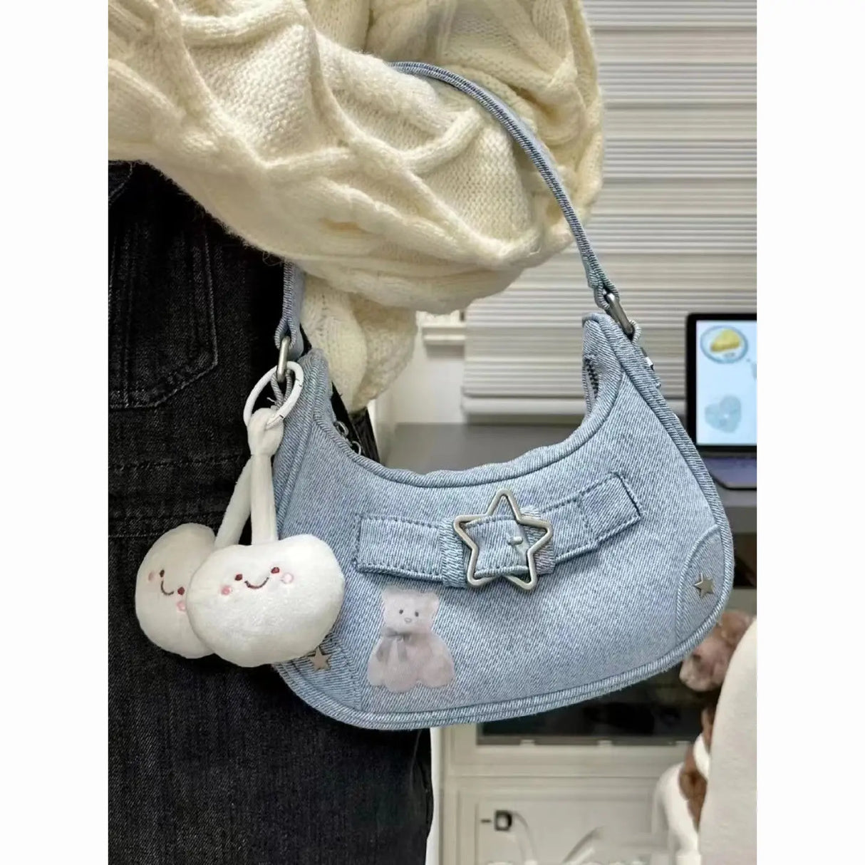 Y2K Star Pattern Denim Shoulder Bag for Women Luxury Designer Cool Girls Blue Underarm Wand Handbag Korean Style Small Purse