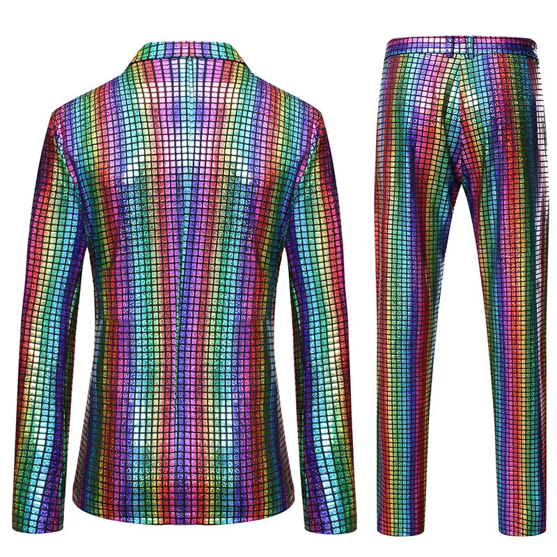Mens Stage Prom Suits Shiny Rainbow Plaid Sequin