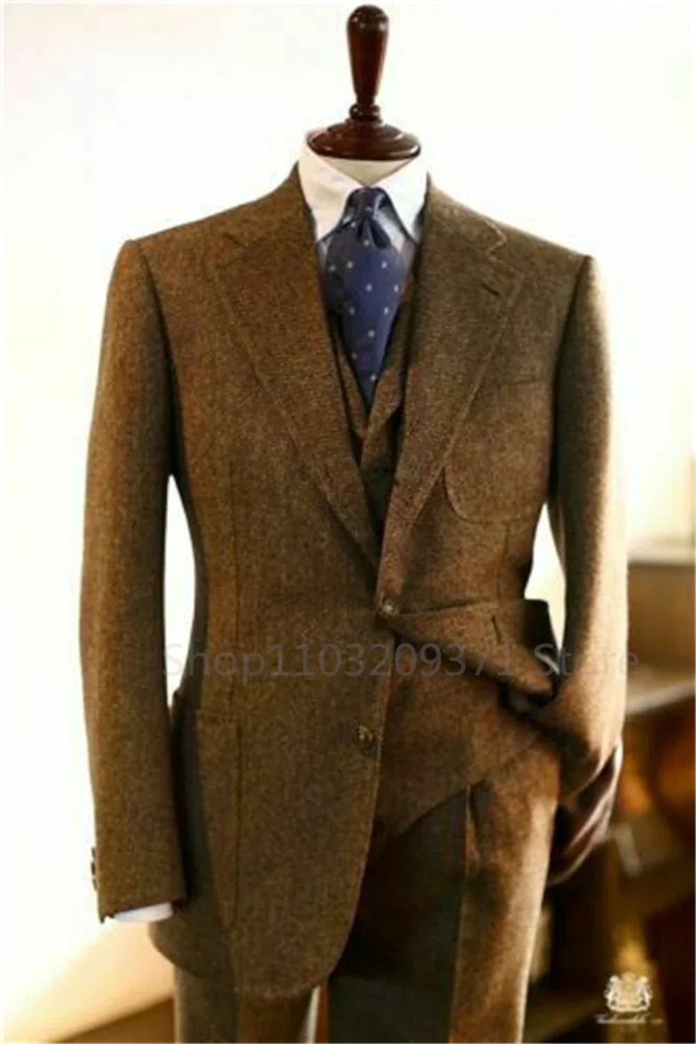 3-Piece Men's Tweed Herringbone Slim Fit Suit Set
