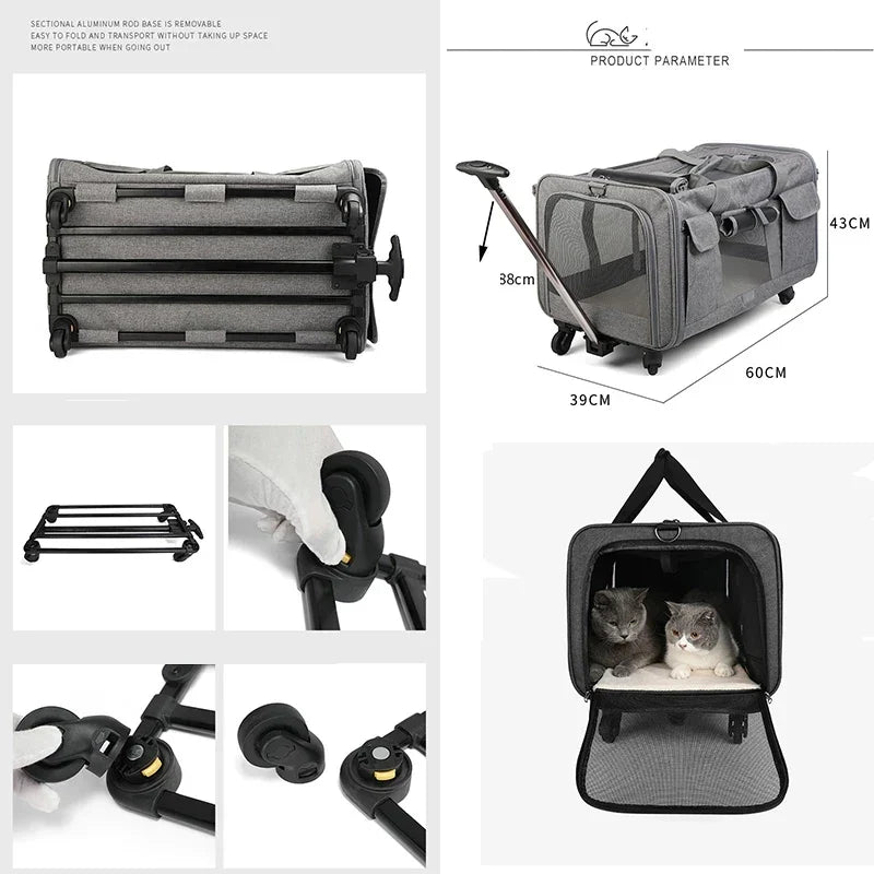 Portable Pet Trolley Case Detachable Universal Wheel Breathable