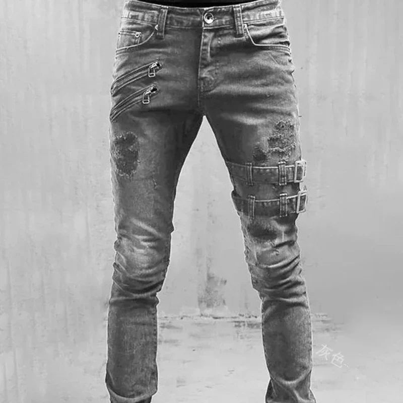 Men Slim Biker Ripped Long Denim Trousers Skinny