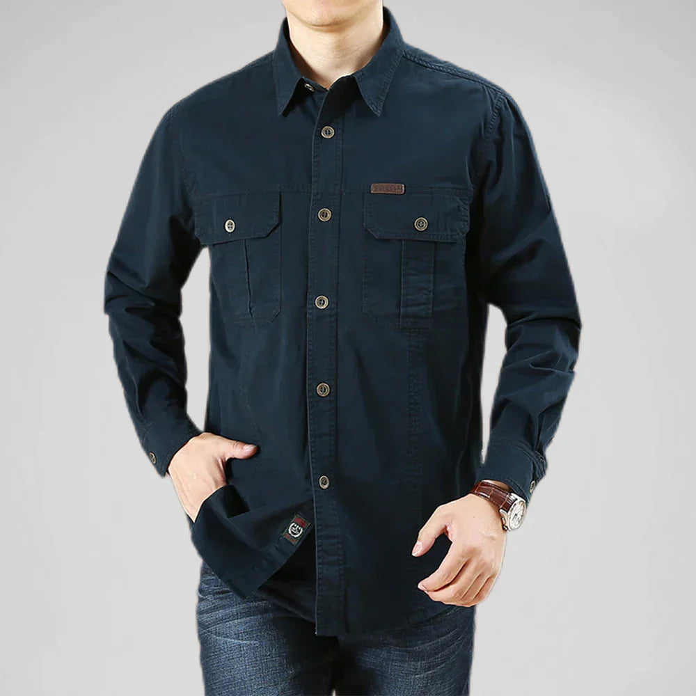 100% Cotton Men's Shirt Solid Color Multi-Pocket High