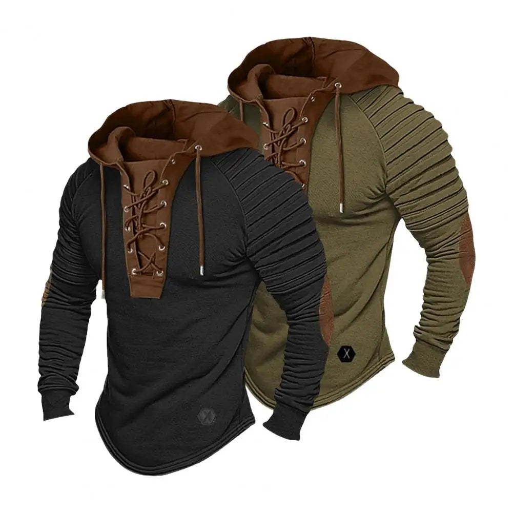 Men Hooded Sweatshirt Vintage Lace-up Drawstring Men's Hoodie