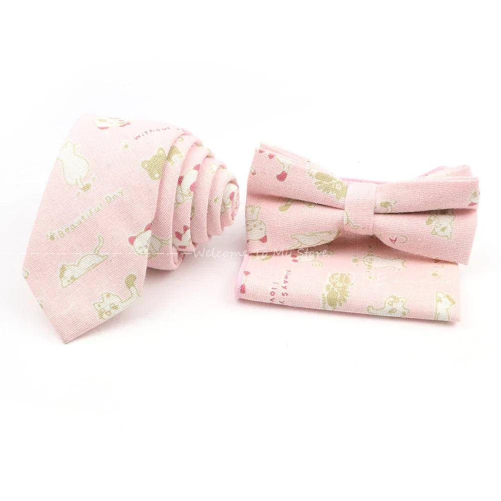 Men Linen Plant Ainmal Ties Set Pocket Handkerchief