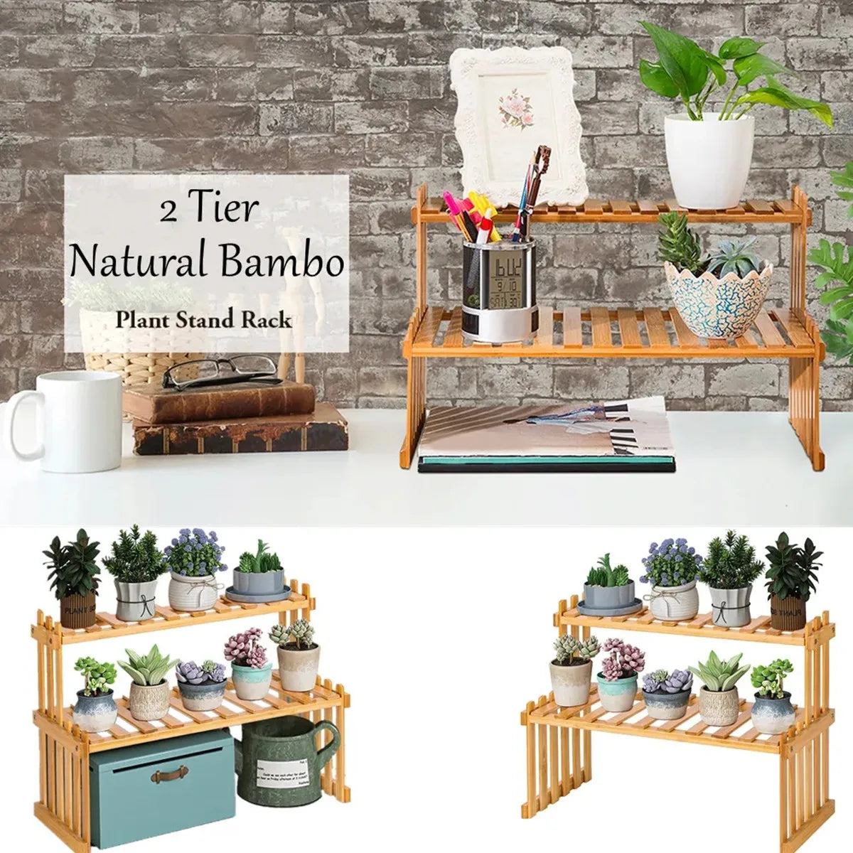Natural Bamboo Indoor Plant Stand for Desk,2 Tier
