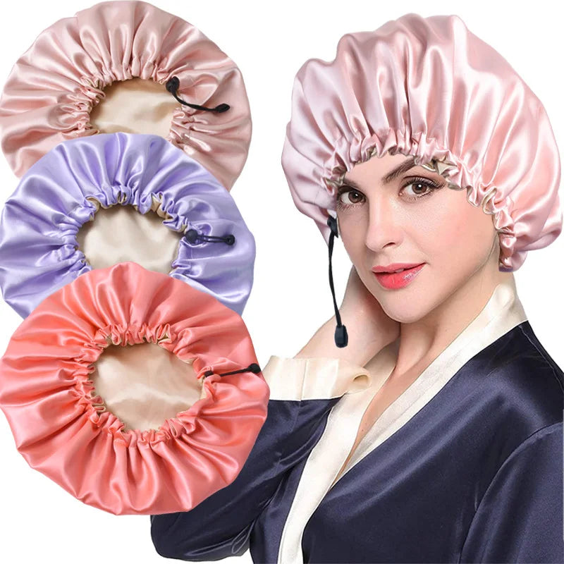 Ladies Satin Nightcap Solid Color Simple Drawstring Adjustable