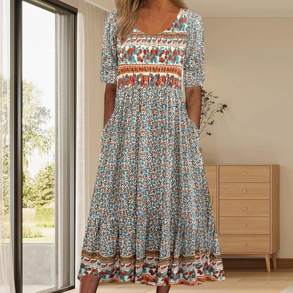 2023 Vintage Boho Stripe Print Women Sundress Summer
