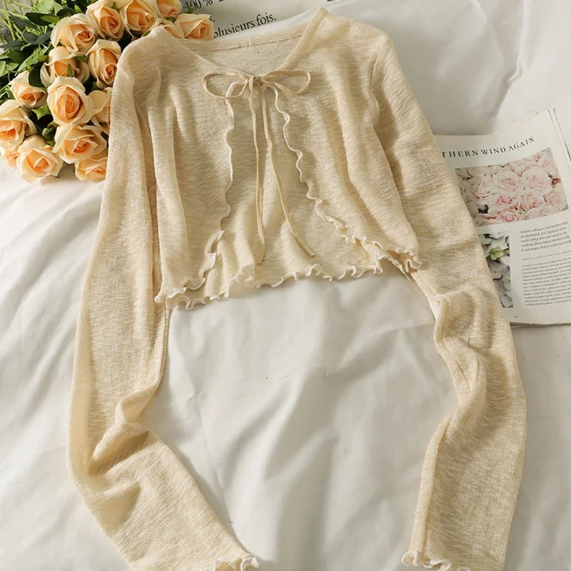 Women Frenum Cardigan Blouses and Tops Bow Lace