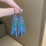 Exaggerated Blue Rhinestone Crystal Geometric Flower Long Tassel