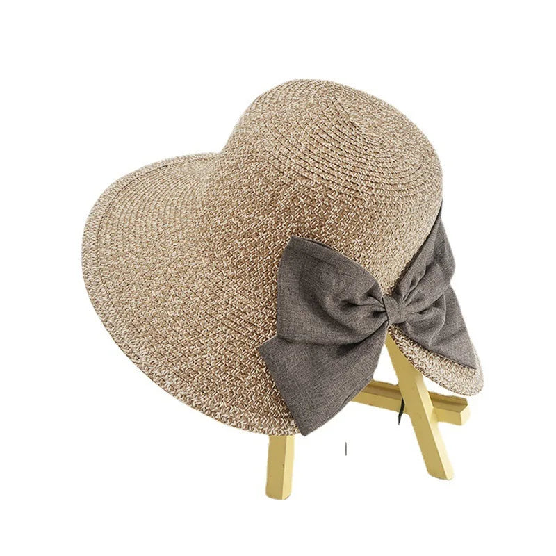 Bow Decor Straw Sun Hat Wide Brim Foldable