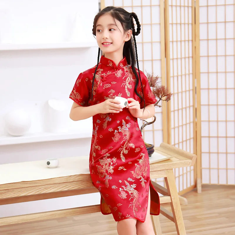 Summer Children Cheongsam Dragon Phoenix Embroidery Qipao Princess