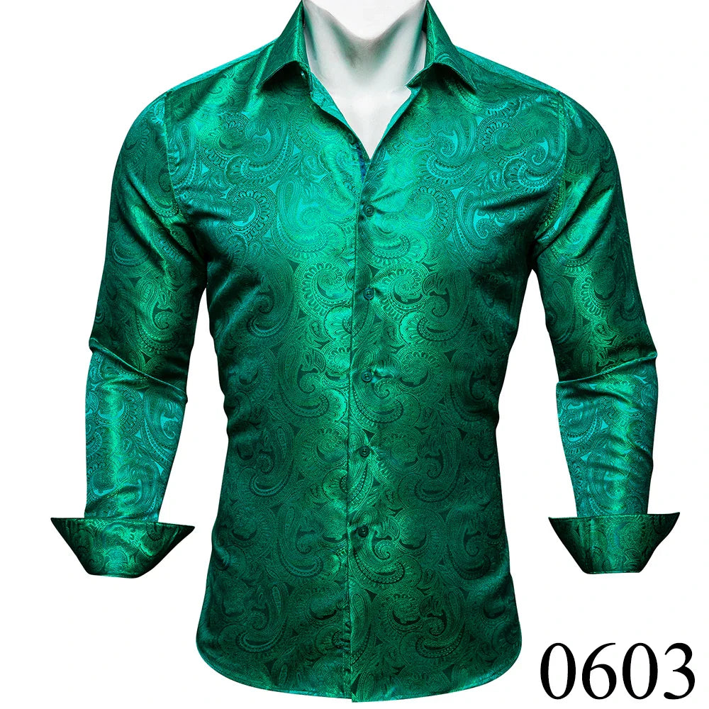 Luxury Silk Shirts for Men Green Paisley Long