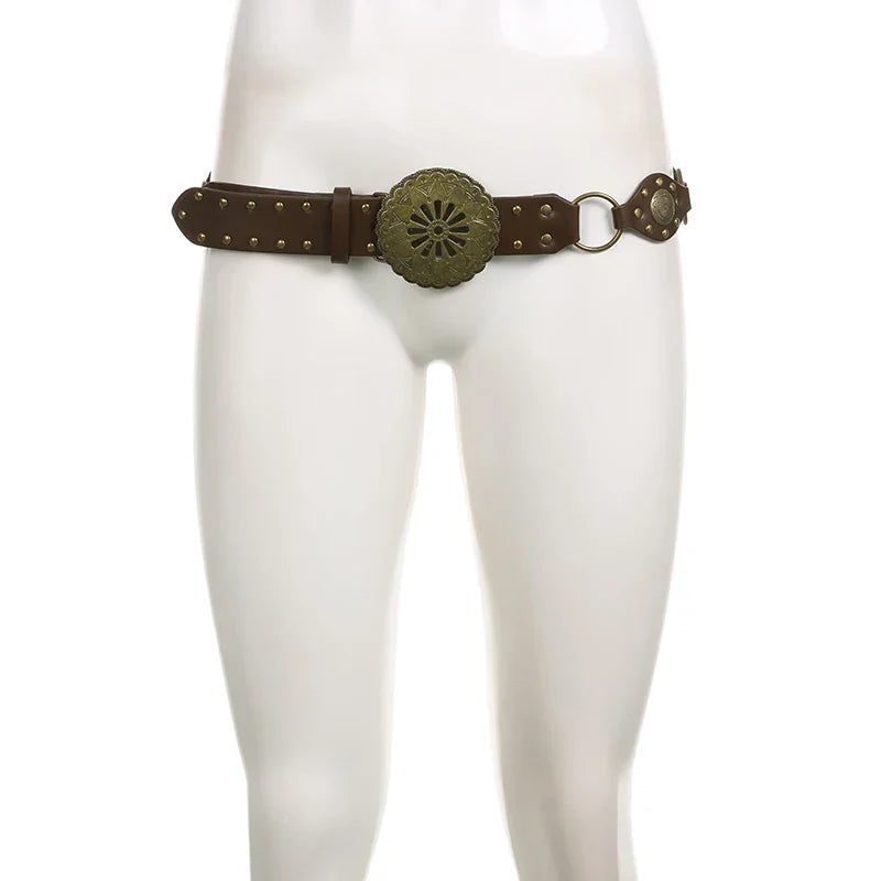 SUCHCUTE Sunflower Buckle Boho Vintage Rivet Brown Belts
