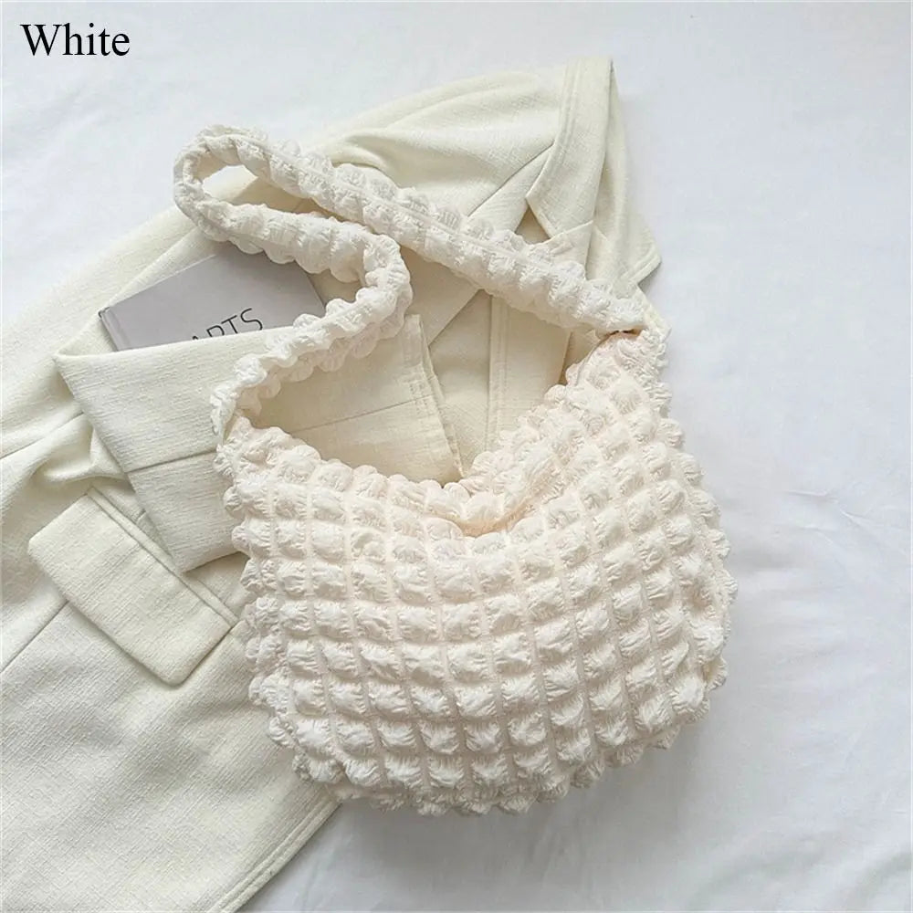 Plaid Quilted Shoulder Bag Cute Pleated Bubbles Solid