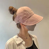 Foldable Wide Brim Ponytail Sun Hat Drawstring Adjustable