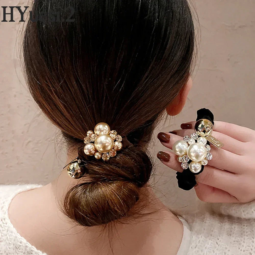 Luxury Rhinestone Pearl Hair Ties Ropes Women Girls