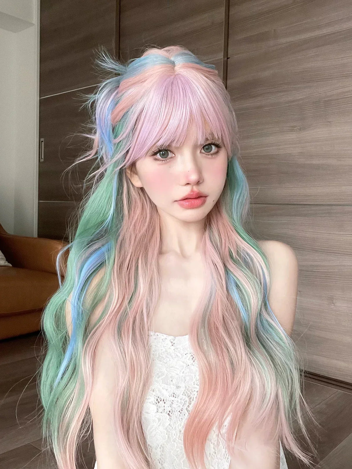 28Inch Iridescent Rainbow Color Multicolour Synthetic Wigs With