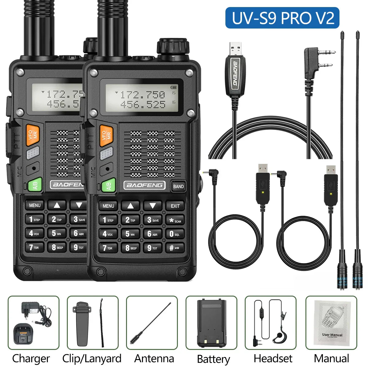 2PCS BaoFeng UV-S9 Pro V2 Walkie Talkie 10KM