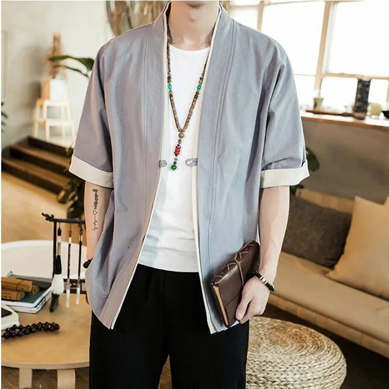 Summer Mens Kimono Jackets Cardigan Lightweight Casual Cotton