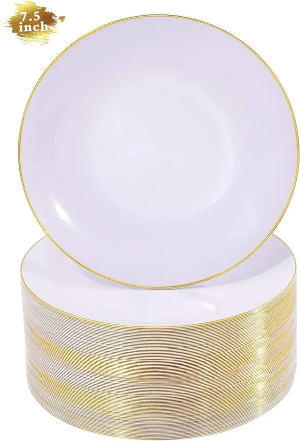 Nervure 100Pieces White with Gold Rim Plastic Plates