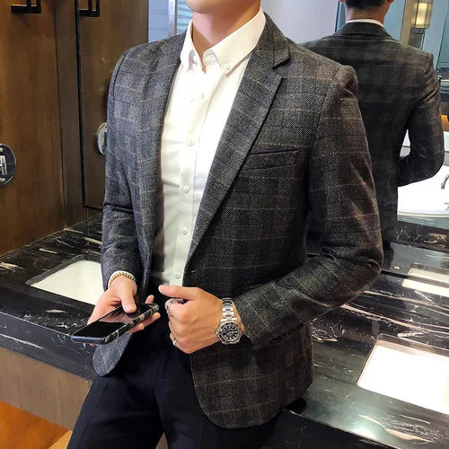 British's Style Vintage Plaid Blazer Men Casual Slim