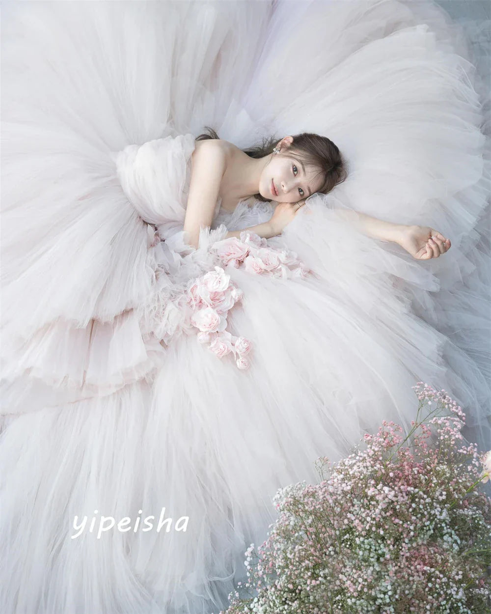 Yipeisha Intricate Exquisite Strapless Ball Gown Flower Draped