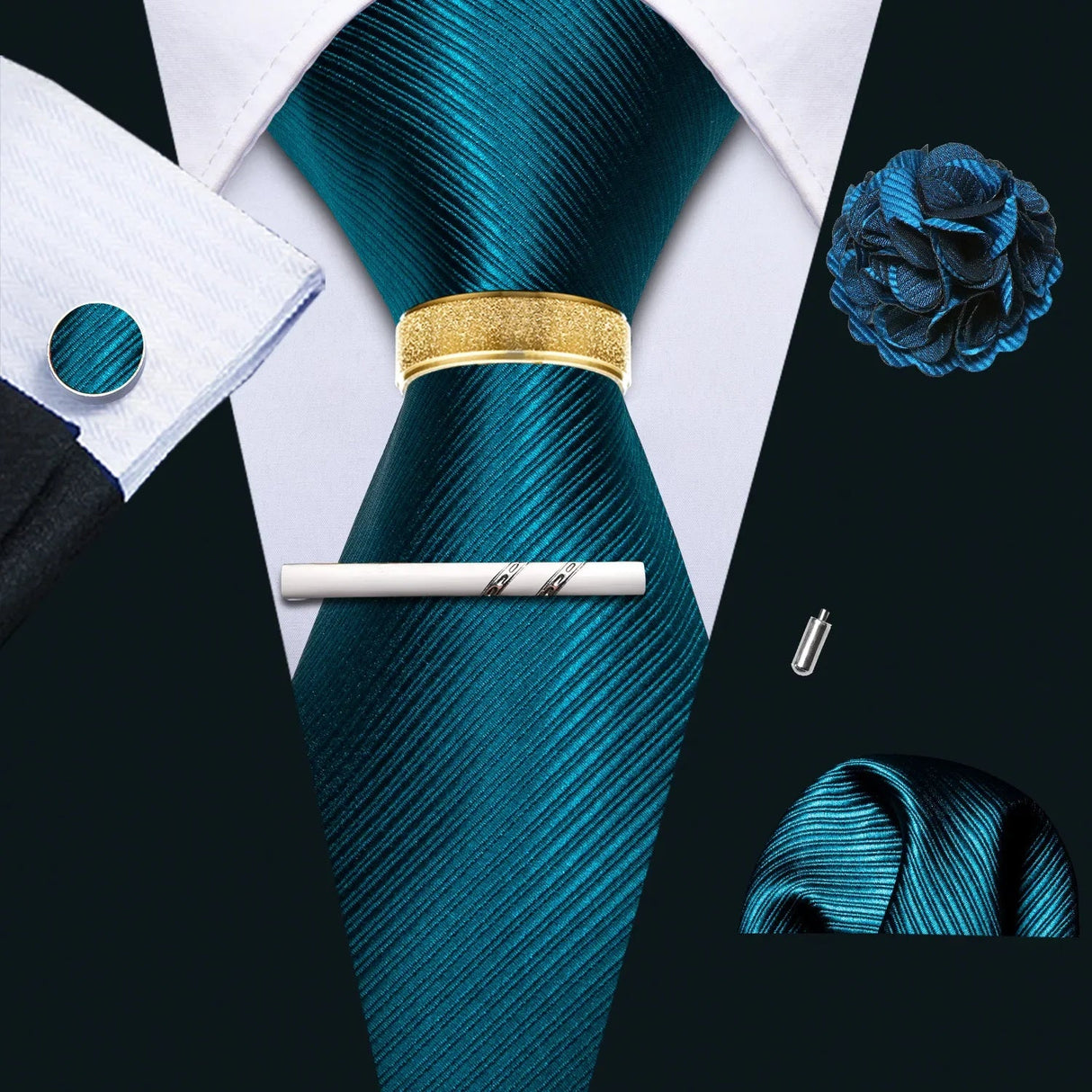 Barry.Wang Silk Mens Tie Hanky Cufflinks Clip Brooch