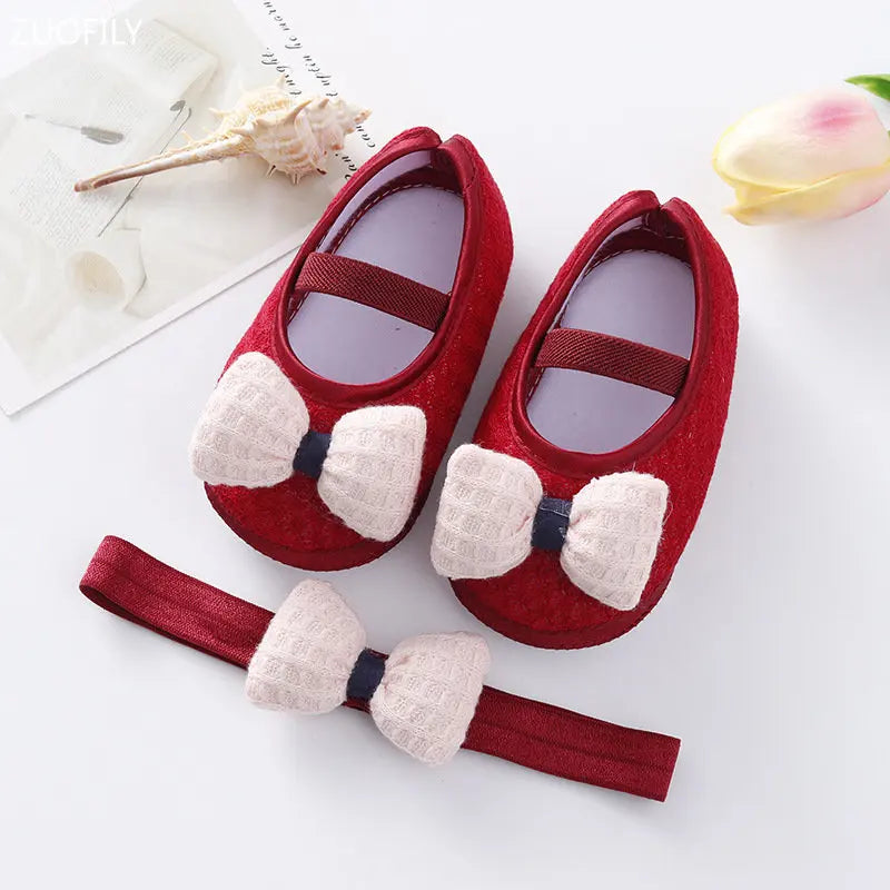 0~18M Cute Bowknot Newborn Baby Shoes Headband Set