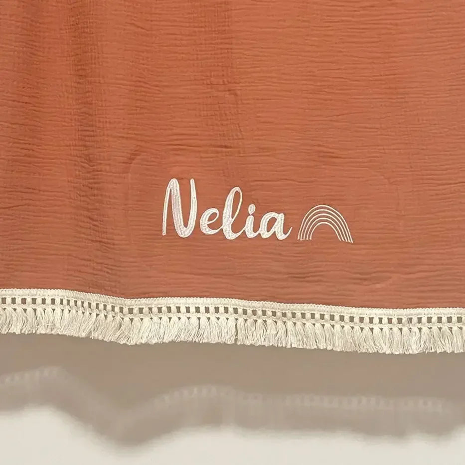 Custom Name Muslin Swaddle Fringe Cotton Baby Blanket