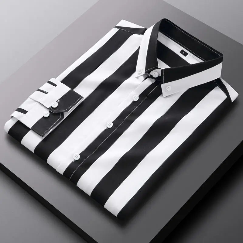 Fashion Lapel Button Loose Korean Striped Shirts Men