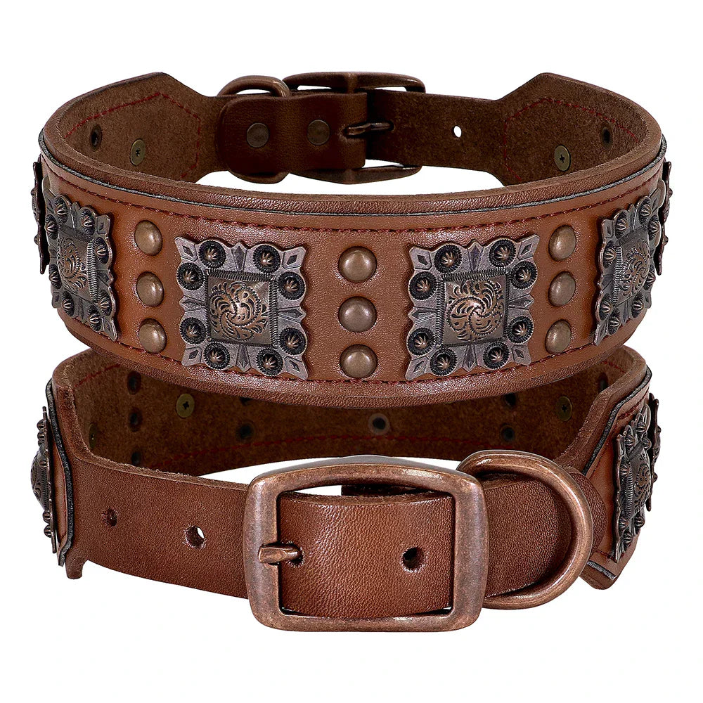 Durable Spiked Genuine Leather Dog Collar For Medium