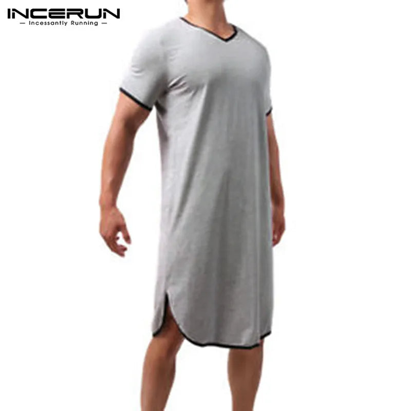 Fashion Men's Loose Sleepwear Casual Solid Nightgown INCERUN